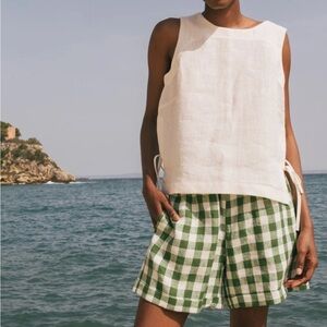 Armour Linen 100% Linen Green Checked Women's Shorts NWT